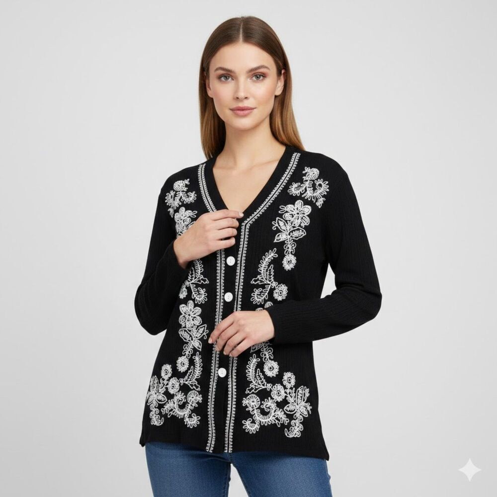 VTG Cambridge Dry Goods Embroidered Black Rayon Ribbed Button-Up Boho Blouse